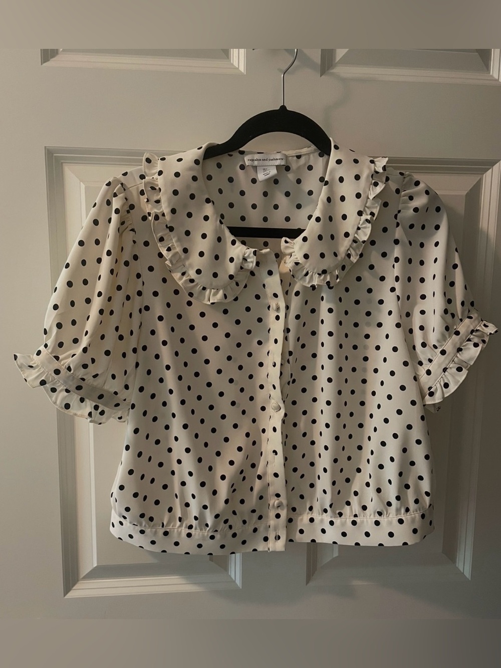 cupcakes & cashmere White Polka Dot Ruffle Collar Blouse